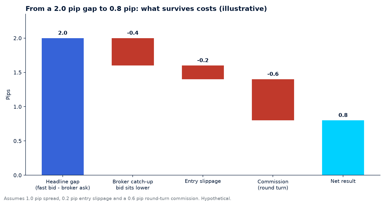 Waterfall chart showing a 2.0 pip latency arbitrage gap reduced by exit shortfall, slippage and commission to a 0.8 pip net result