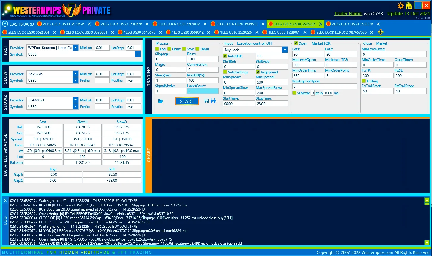 Westernpips Private 7 multi-terminal: fast and slow providers, trading panel and execution log