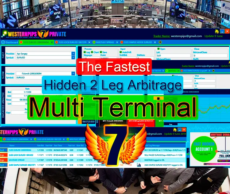 Westernpips Private 7 multi-terminal window showing fast and broker quotes for latency arbitrage
